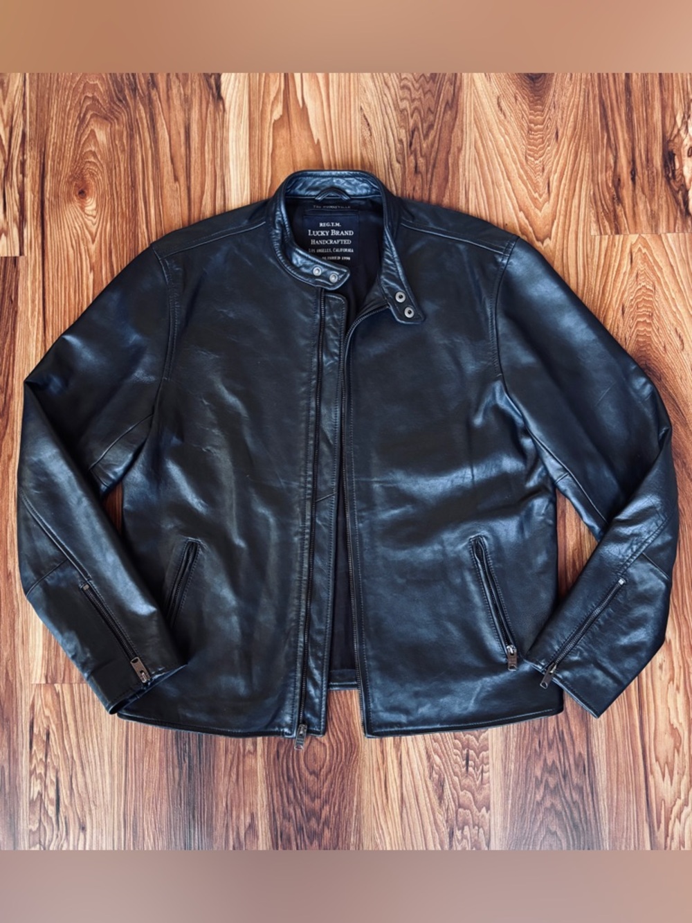 Lucky Brand Bonneville Leather Cafe Racer Moto Jacket Black Lambskin Men’s L